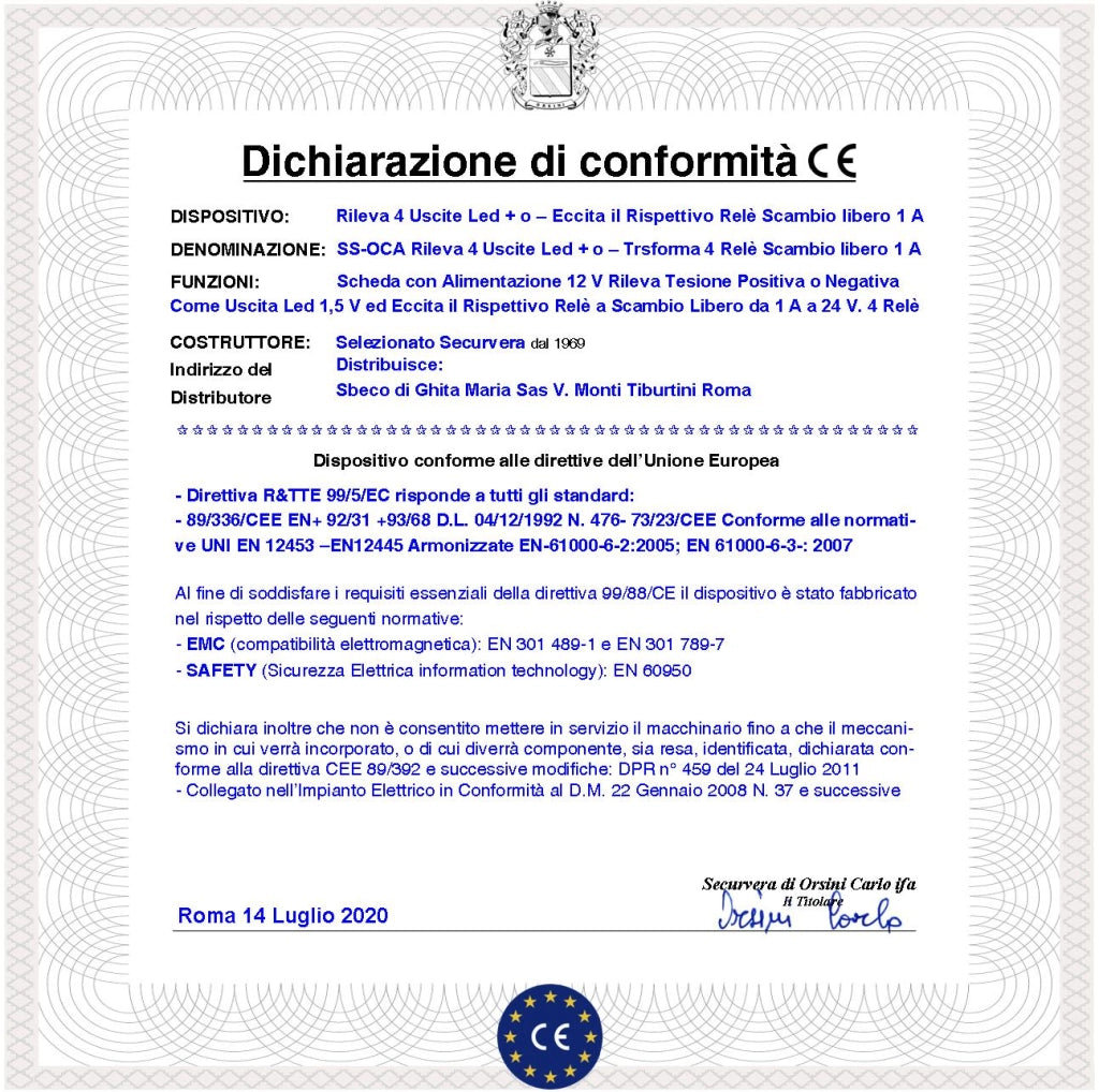 Trasforma la Tensione Positiva o Negativa da 1,5 Utilizzata per Led Spia Sulla Stessa Alimentazione di 12 Vcc In Uscita a Relè Scheda 4 Ingressi 4 Uscite Separate Contatto Libero C.NC.NA 1 A