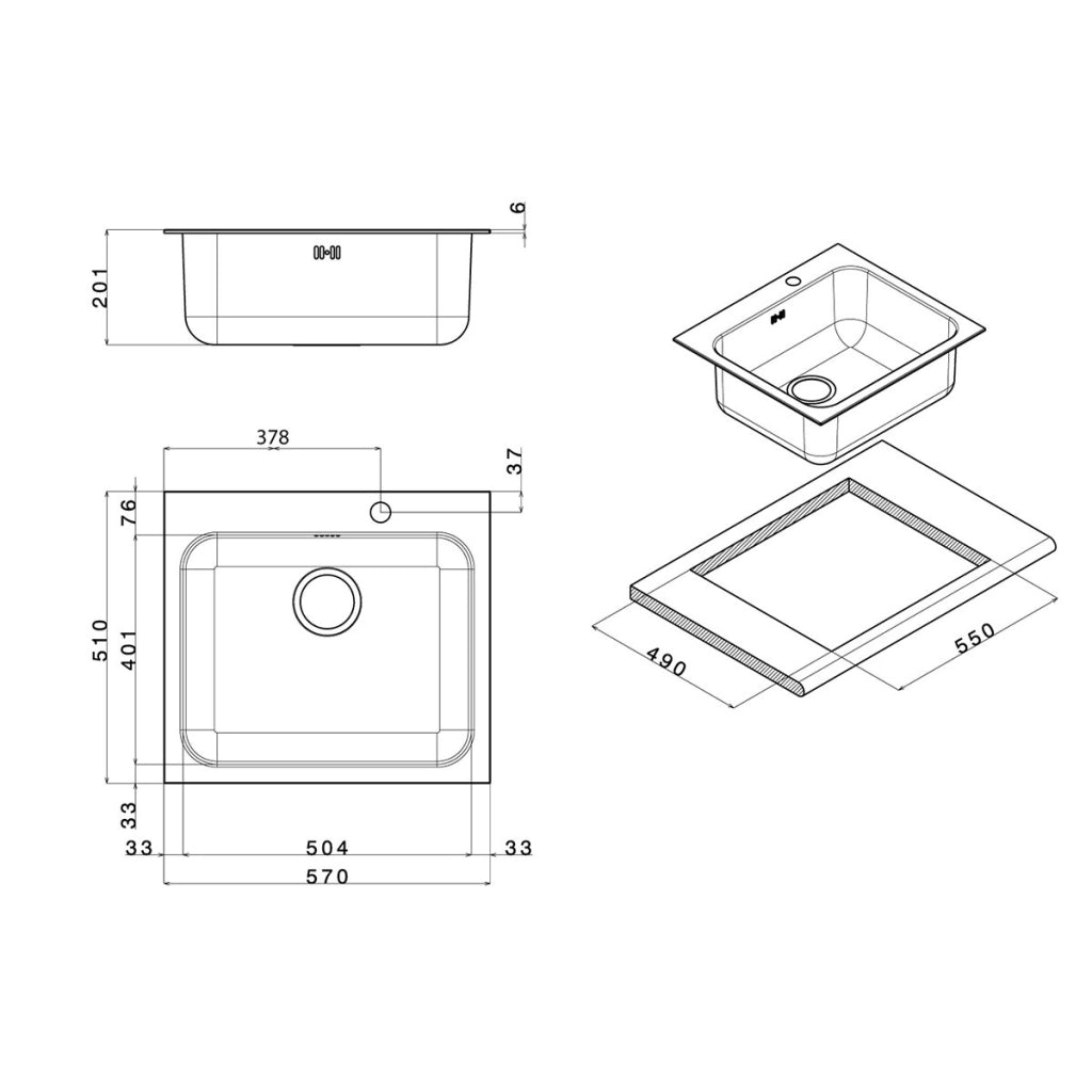 Lavello incasso in acciaio inox 57x51 cm - Cromo