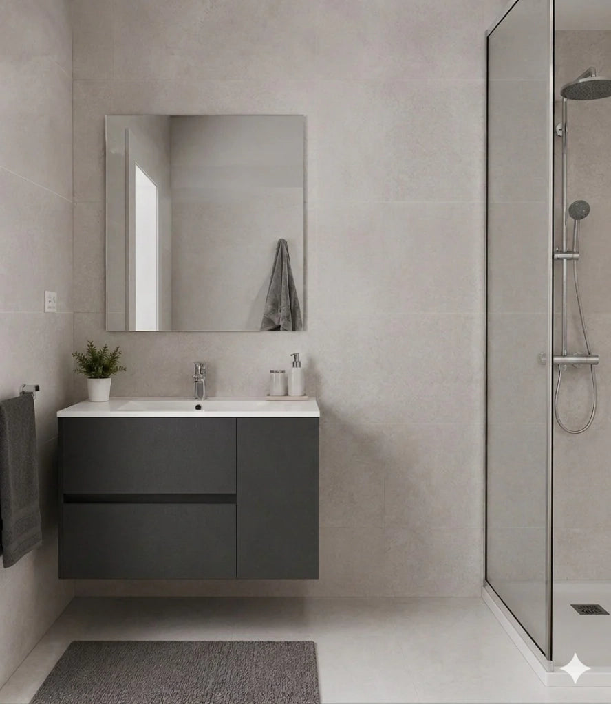 Mobile Bagno HEIMDALL Già Montato 2 cassetti e porta, lavabo e specchio Grafite 120x45 cm doppio lavabo