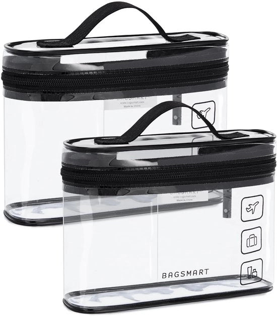 Set di due borse da toilette TSA autorizzate, organizzatore di make-up trasparente, borse da 1L per articoli da toeletta, accessori di viaggio, nero, 2 pezzi