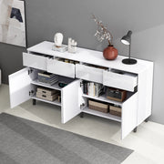 Sideboard bianco lucido con 4 cassetti, 2 ante e ripiani regolabili, 160 x 40 x 68 cm