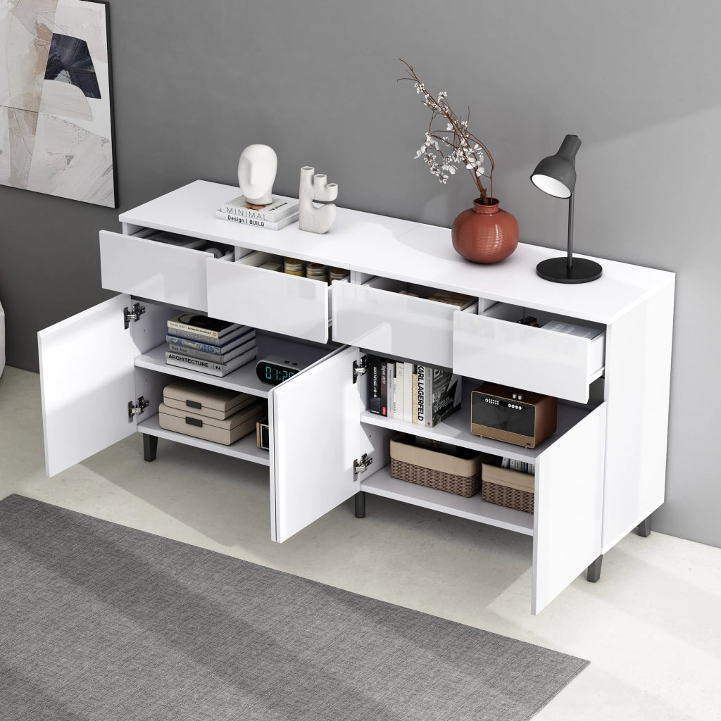 Sideboard bianco lucido con 4 cassetti, 2 ante e ripiani regolabili, 160 x 40 x 68 cm