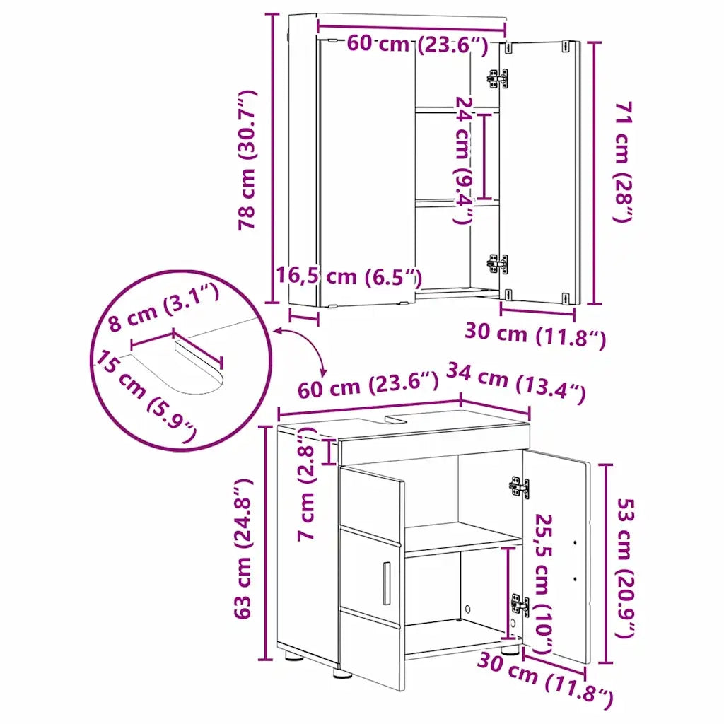 Set di mobili per il bagno TULUM 3 pz Grigio cemento 3398027