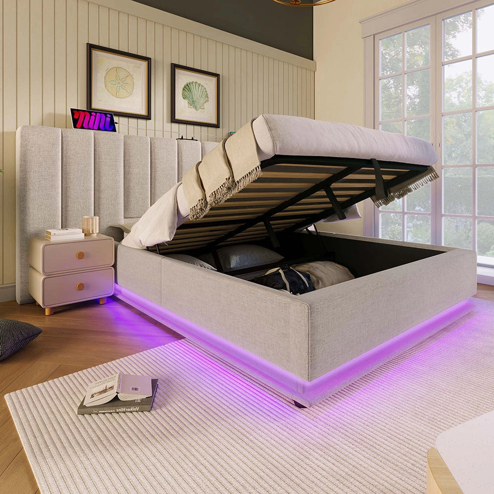 Letto matrimoniale con cassetti - Xylo - 160x200 cm - Lino Beige - Controllo App LED, USB-C