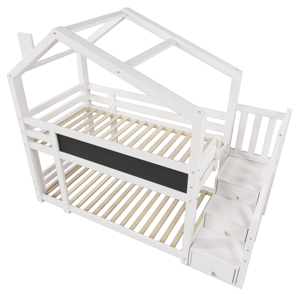 Letto a castello a casetta 90x200 cm con scala contenitore e lavagna
