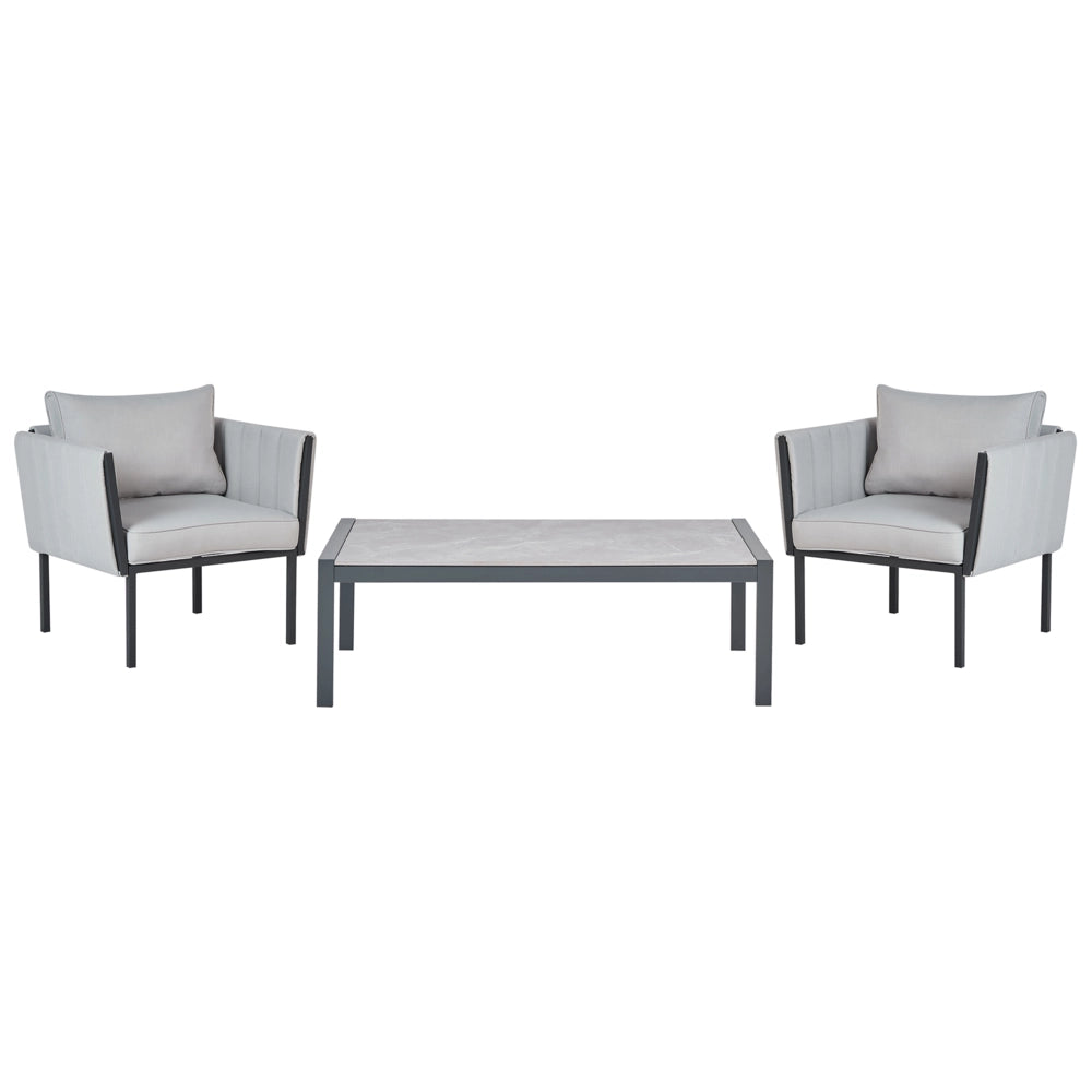 Set da giardino 5 posti con divano 2 poltrone grigio chiaro in acciaio con Cuscini