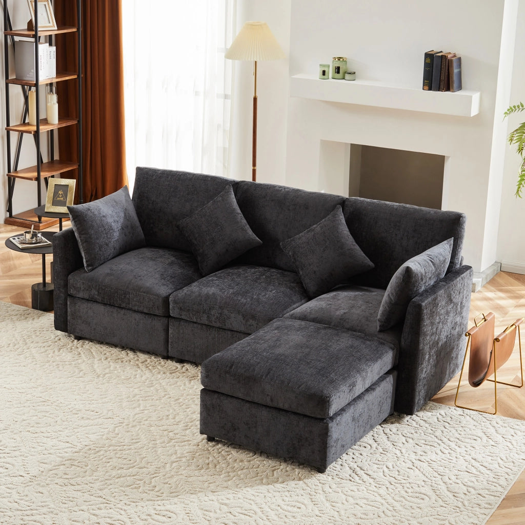 Divano angolare L convertibile in 3 posti - Zephmum- Grigio con cuscini in chenille e pouf mobile