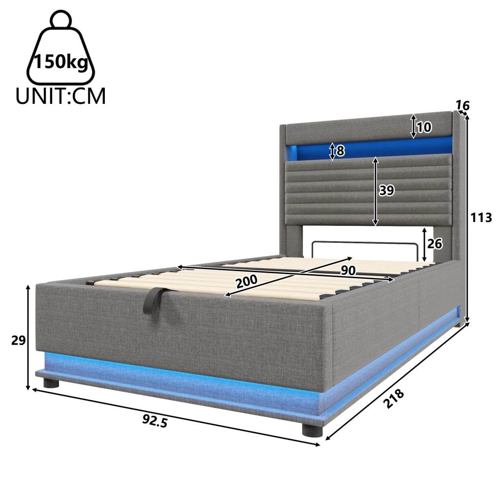 LETTO contenitore 90x200 cm in lino grigio con LED e USB Type-C
