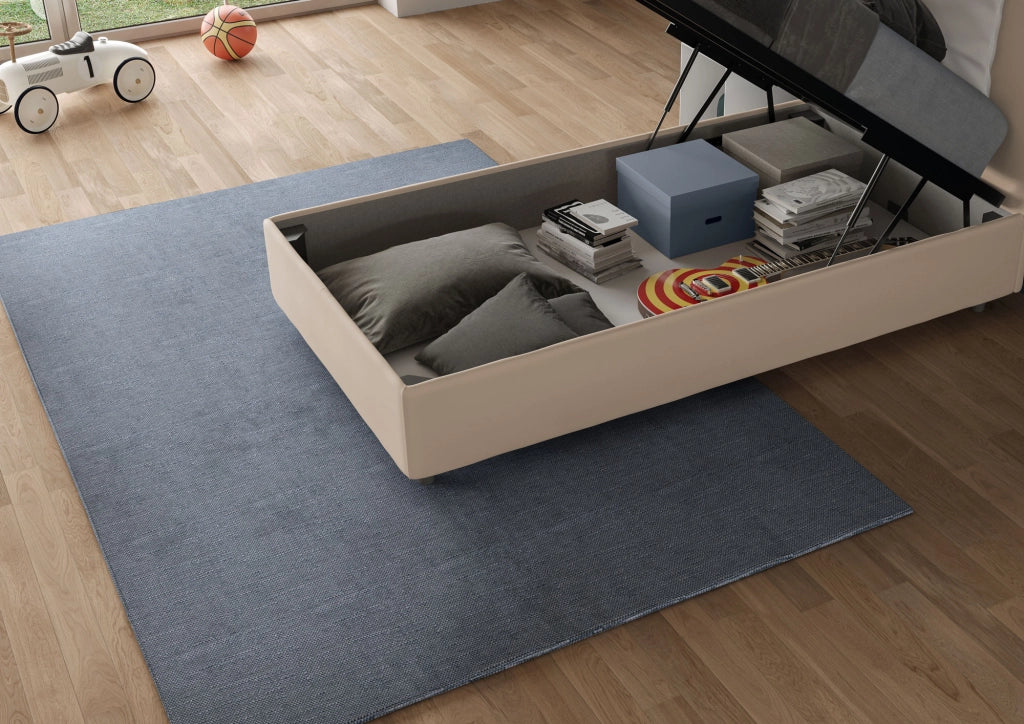 BS COM Letto singolo contenitore imbottito 90x210 microfibra sabbia