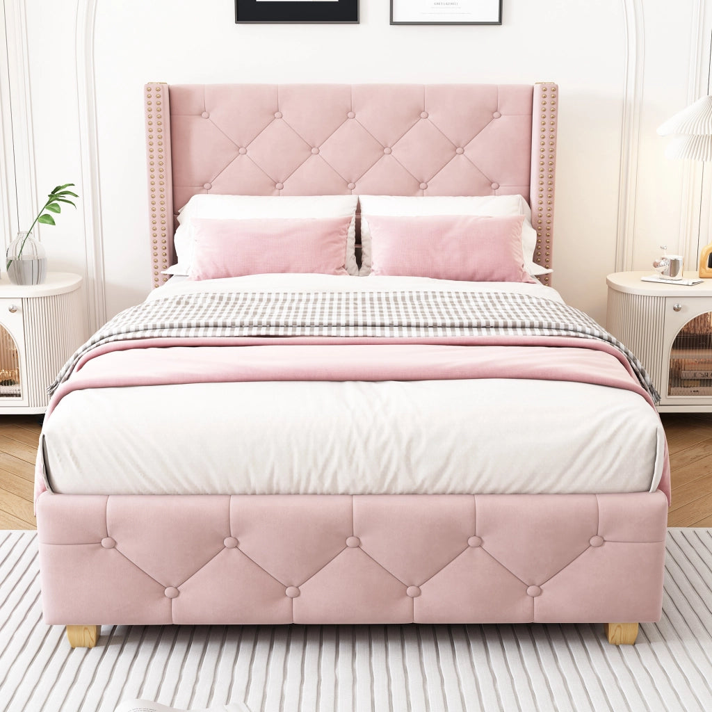 LETTO imbottito 90x200 cm in velluto rosa con testiera