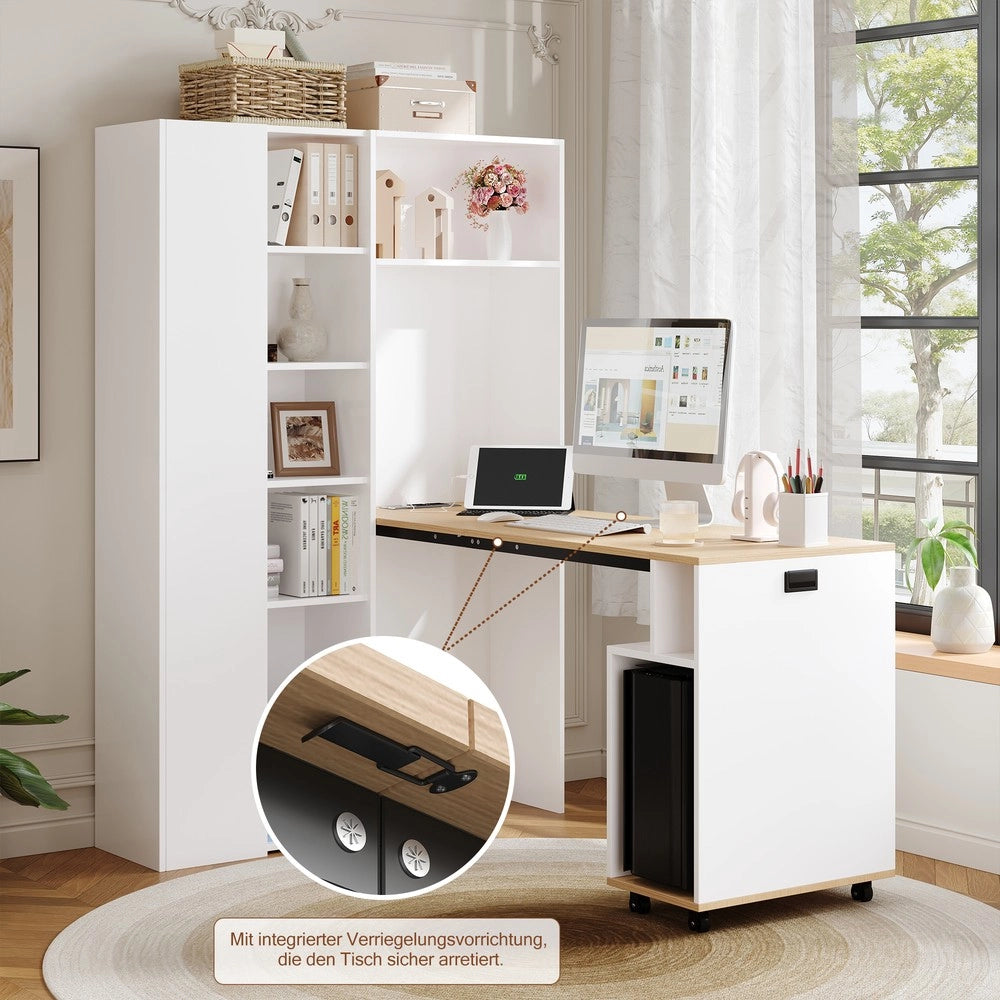 Scrivania Pieghevole con Libreria 2-in-1 ¨C Xylo ¨C Bianca, Ripiani Regolabili, Angolare, Presa USB