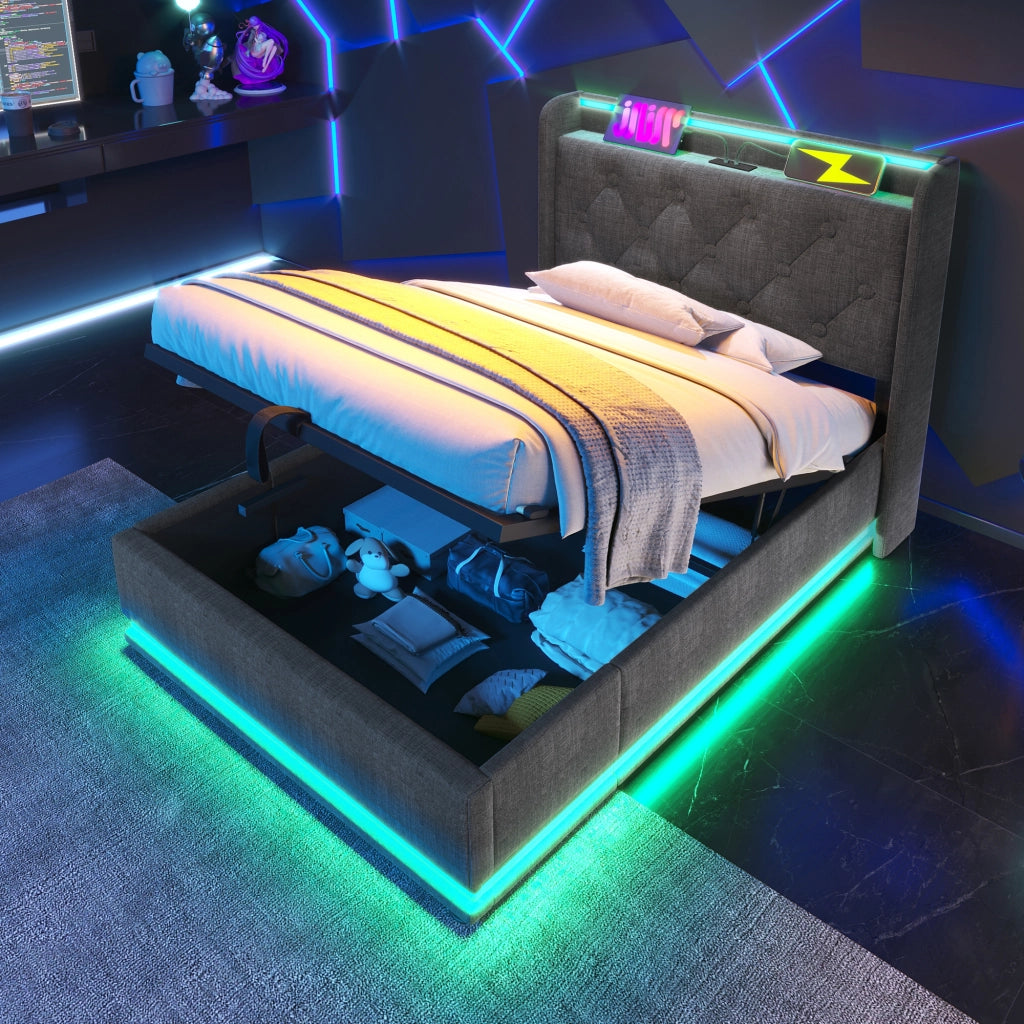 LETTO Singolo 90x200 cm Grigio in Lino con LED 360° e ricarica USB Type-C