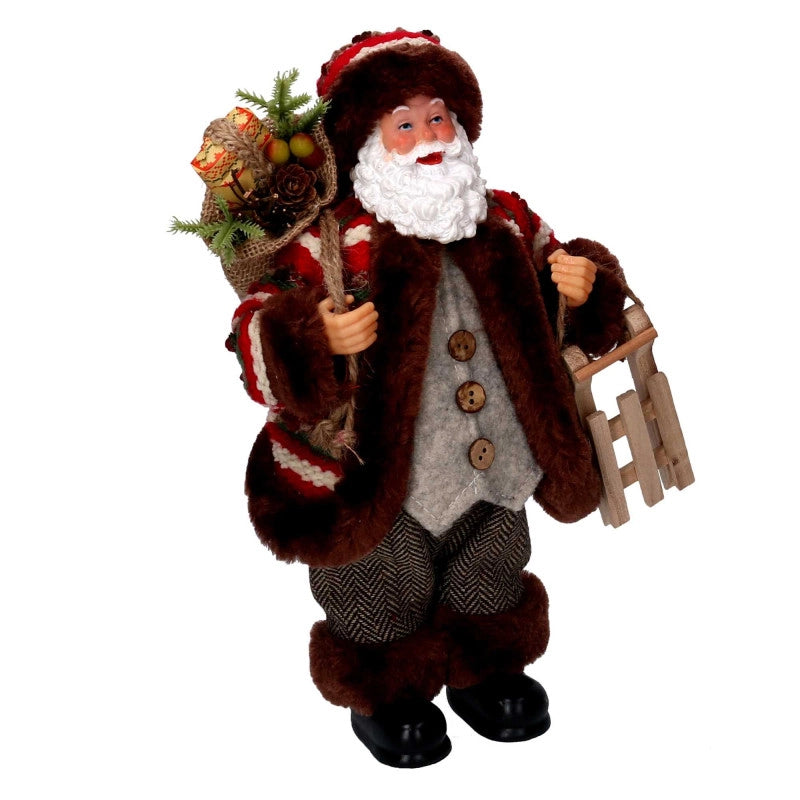 Babbo natale tessuto marrone e rosso con slittino cmh30