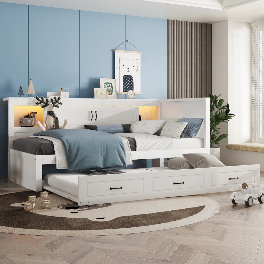 LETTO Divano letto estraibile 90x200 cm Bianco con LED, prese e USB