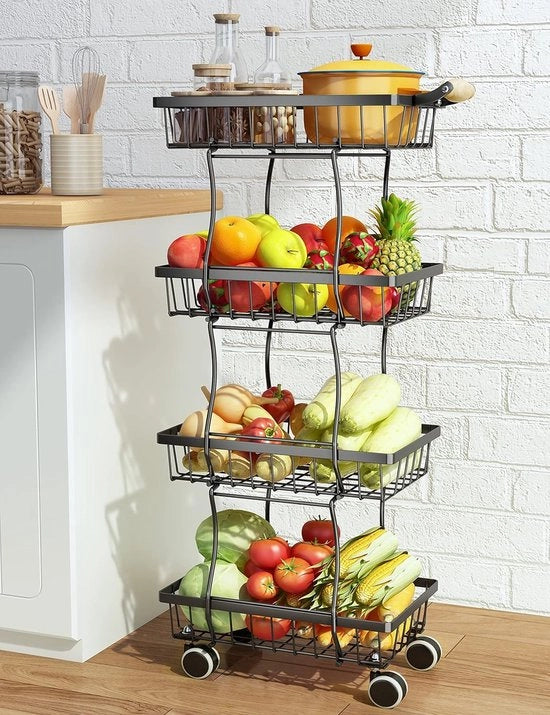 Carrello per verdure, 4 livelli, vassoio per frutta e verdura con ruote, contenitore per verdure e frutta in metallo con ruote e suola antiscivolo, per la conservazione di verdure e frutta, nero