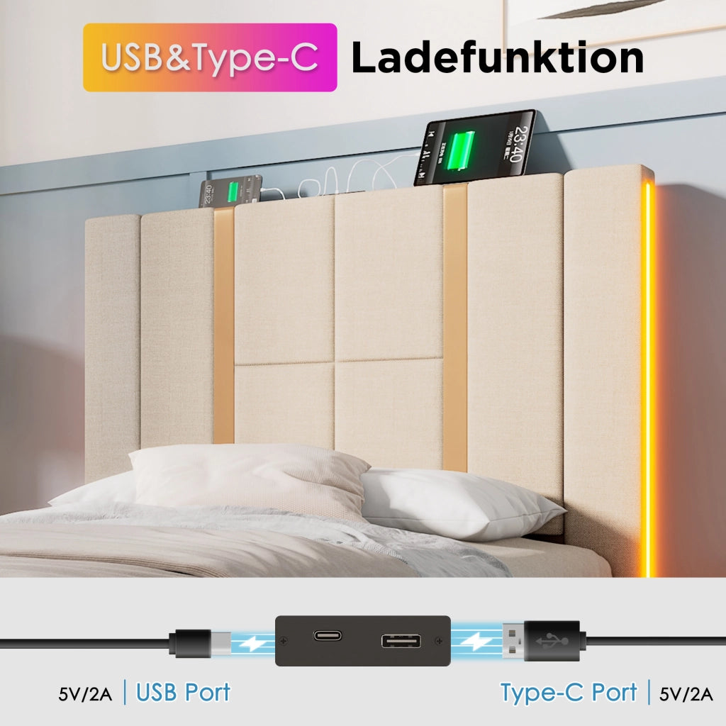 LETTO Contenitore 90x200 cm Beige in lino con LED e ricarica USB Type C