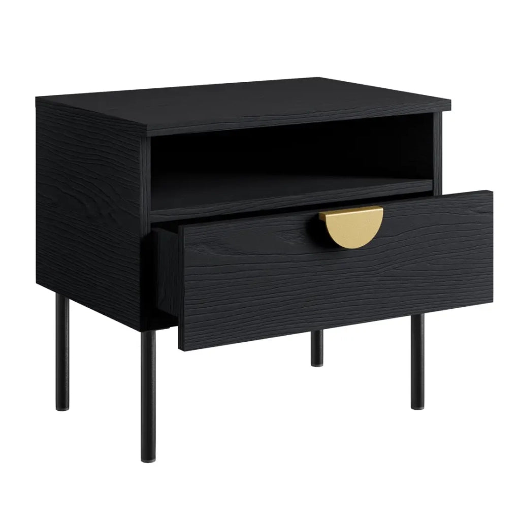 Camera completa MONDO – Nero strutturato e dorato – Letto 180x200 con doghe + Armadio + Cassettiera + 2 comodini