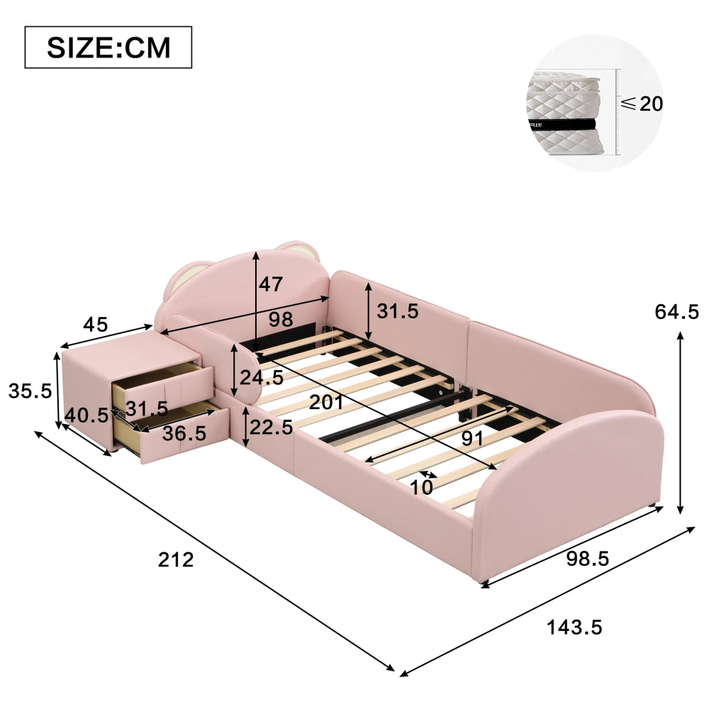 LETTO imbottito a forma di orso 90x200 cm rosa con comodino