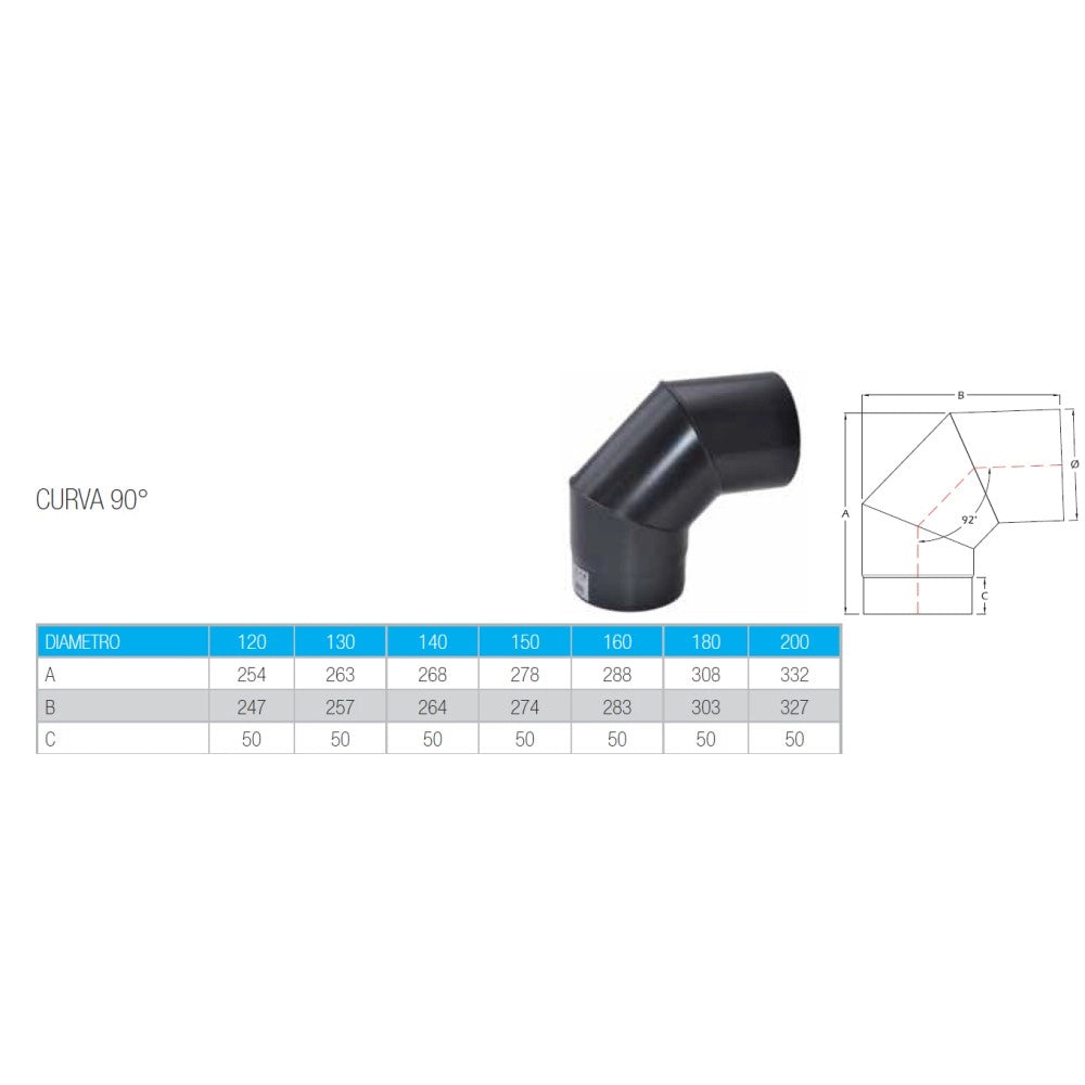 Curva a 90 gradi da 180mm per stufa a legna