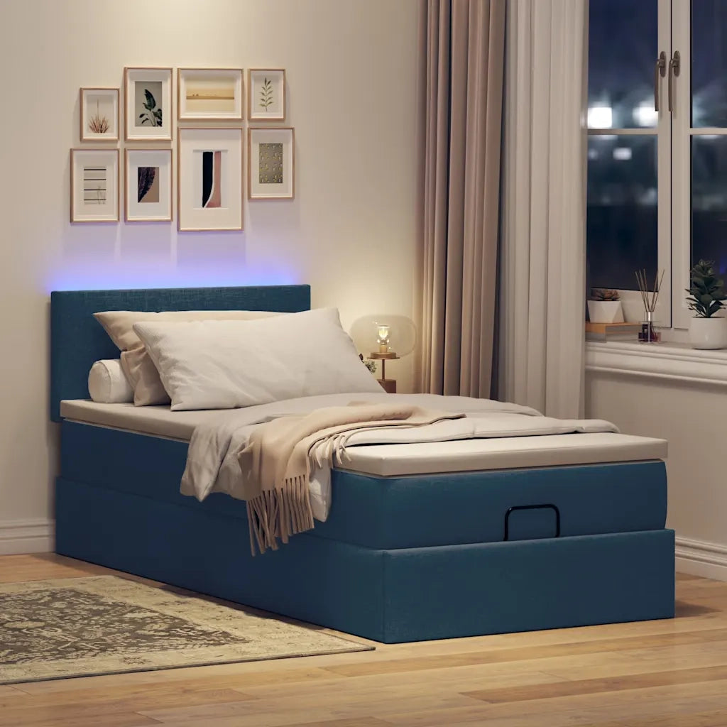 Pouf Letto con Materasso e LED Blu 100x200 cm in Tessuto