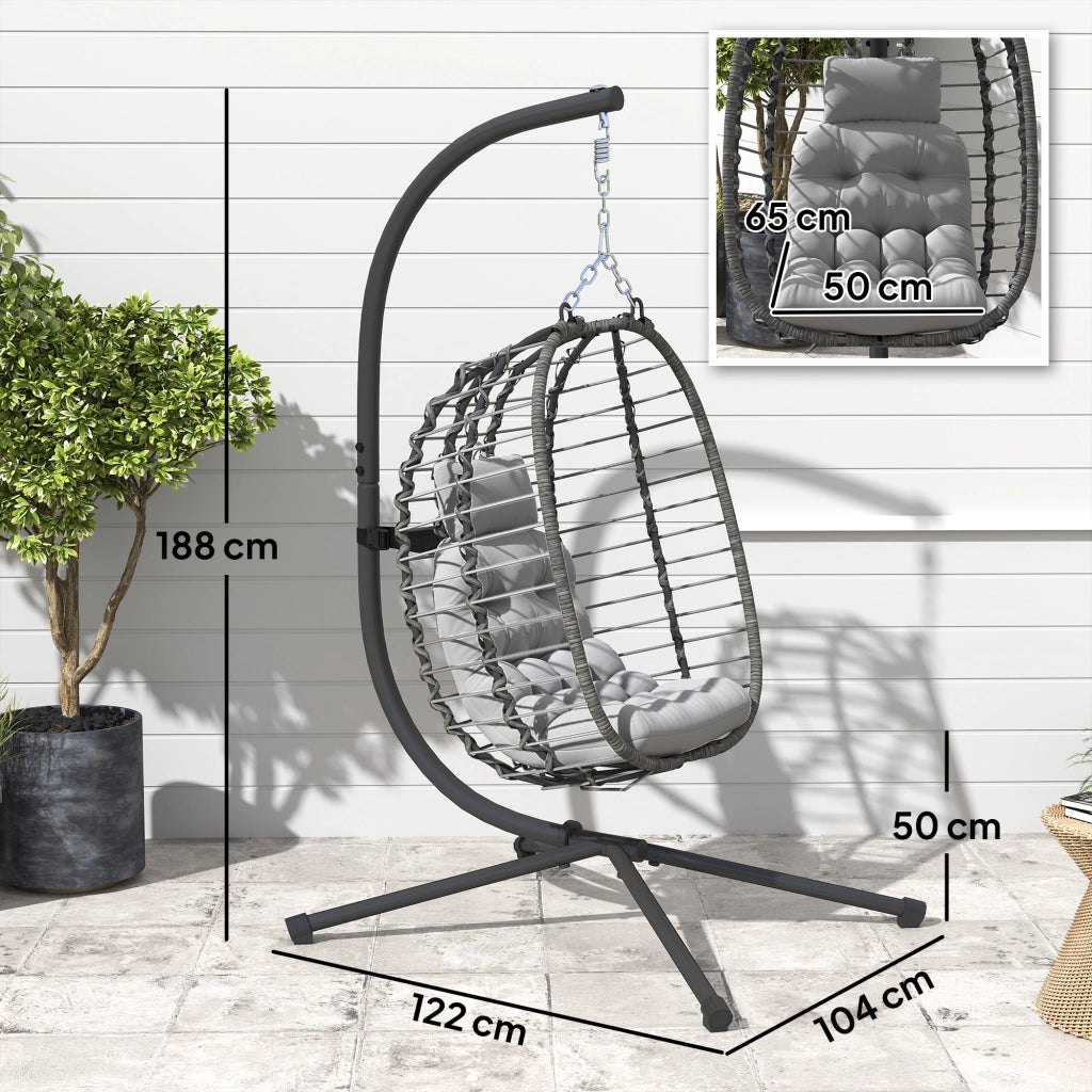 Poltrona sospesa pieghevole in rattan sintetico con supporto e cuscini, grigio