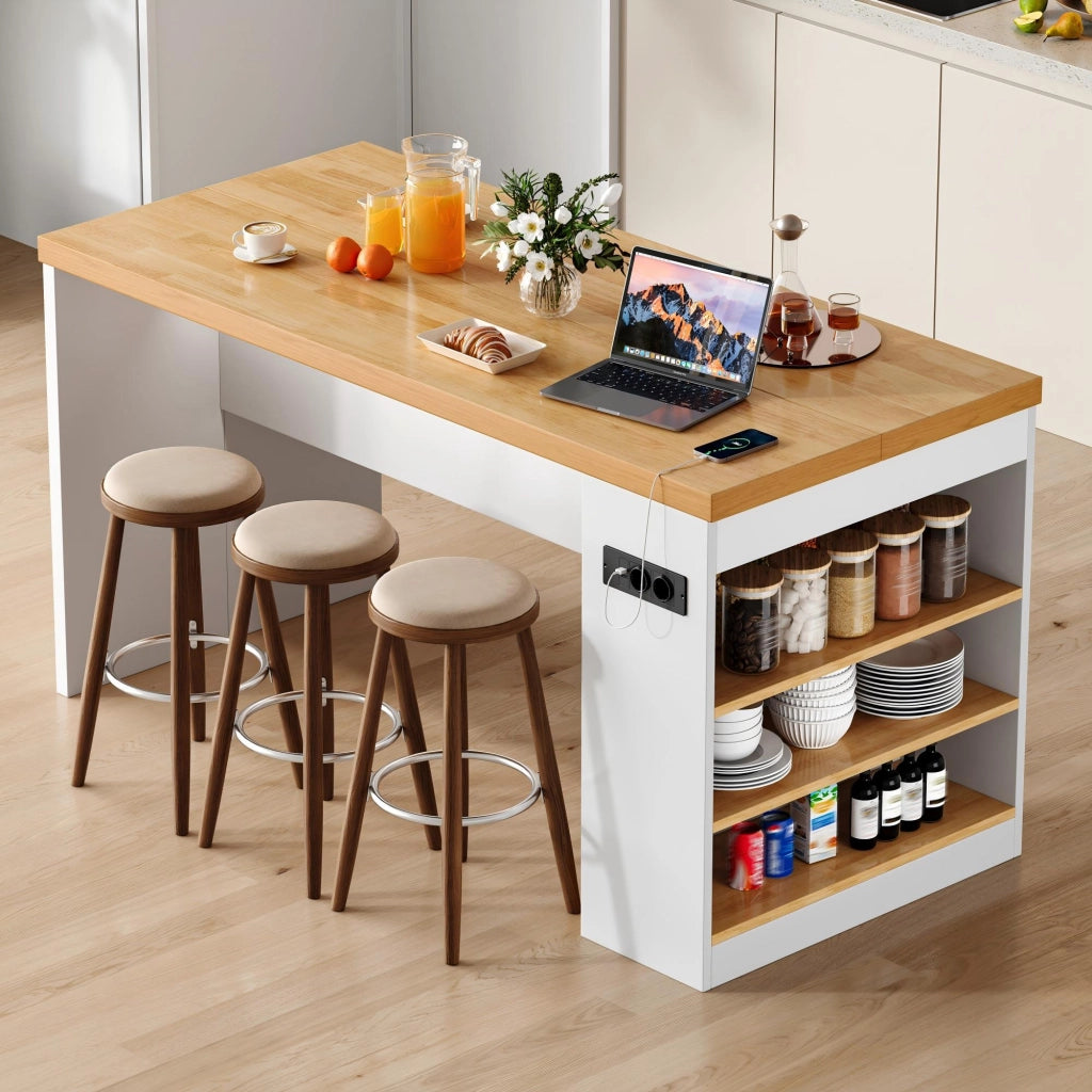Isola da cucina 155x80x90 cm con LED, prese di corrente e 3 ripiani aperti