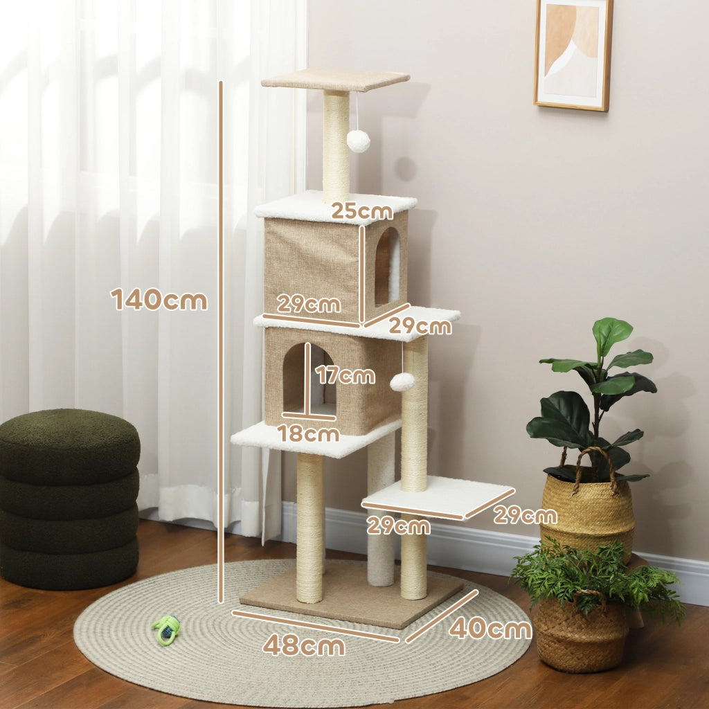 Albero tiragraffi per gatti con 2 tane e piattaforme ¨C Minimal ¨C 140 cm marrone chiaro