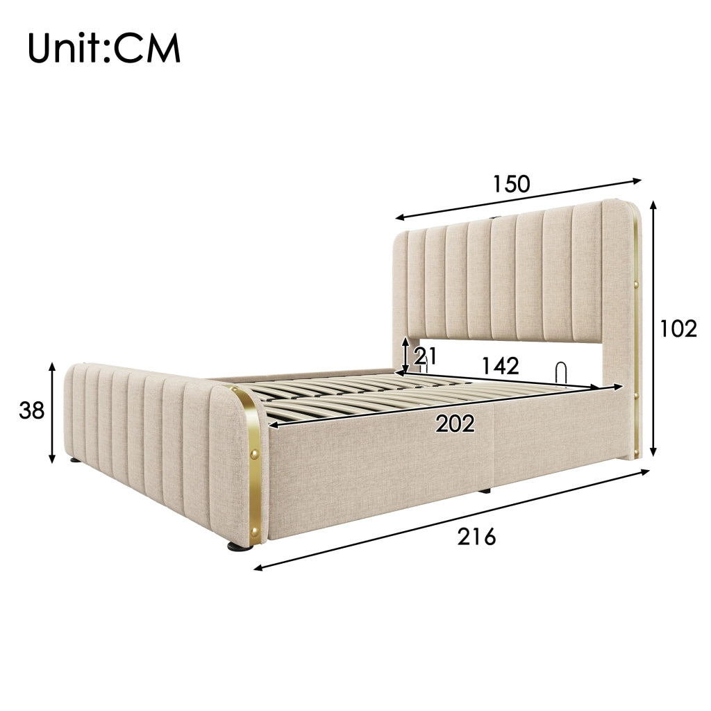 LETTO matrimoniale contenitore 140x200 cm beige in lino con USB e Type-C