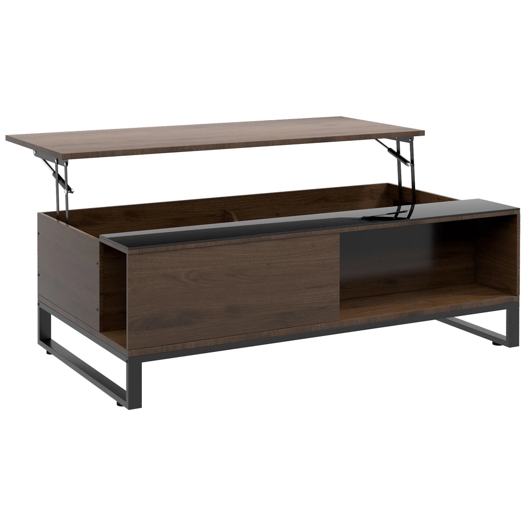 Tavolino da salotto elevabile con 2 vani; ripiano inferiore e piano in vetro per soggiorno; in truciolare e acciaio; walnuss; 102×58×35.5 cm