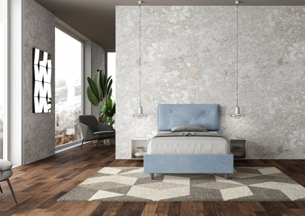 BS COM Letto una piazza e mezza senza rete imbottito 110x200 microfibra azzurro
