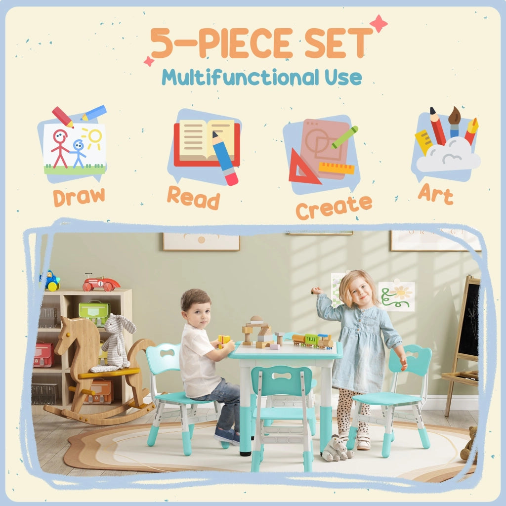 Set Tavolo con 4 Sedie per Bambini Altezza Regolabile Verde