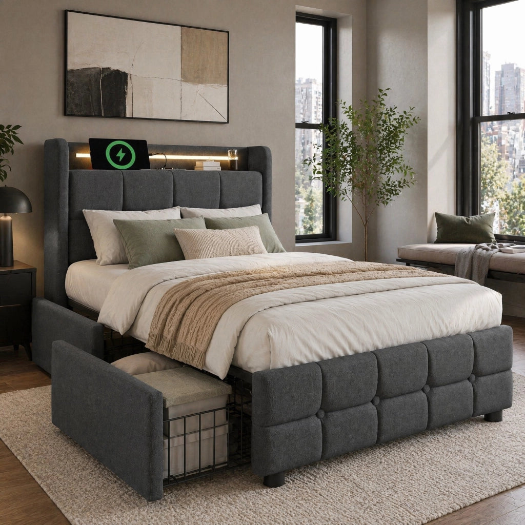 LETTO Singolo 90x200 cm Grigio con USB, LED e 2 Cassetti