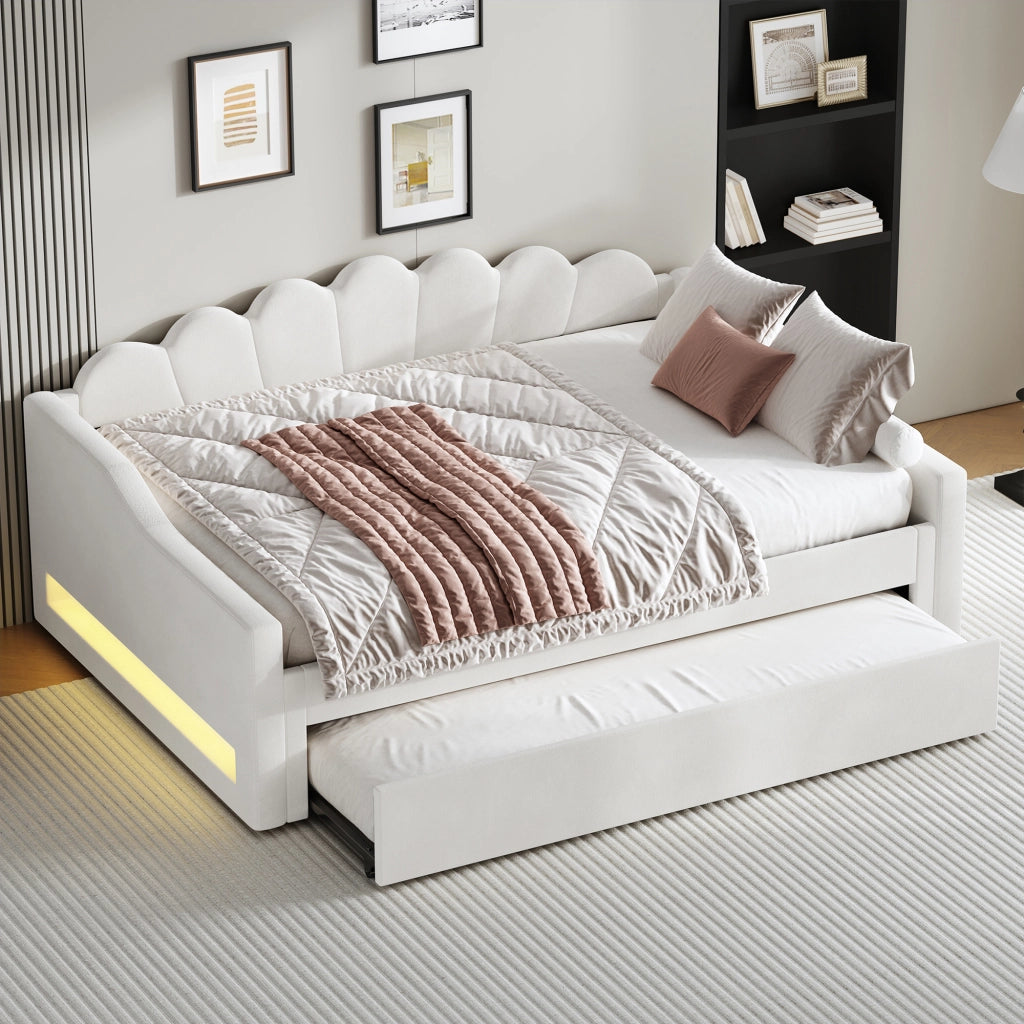 Letto Imbottito con LED e Letto Estraibile ¨C MINIMAL ¨C Beige 140x200
