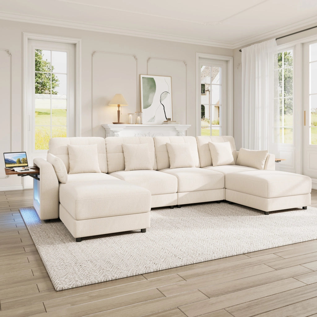 DIVANO Modulare U/L 292x135x82 cm Chenille Beige con 2 Hocker