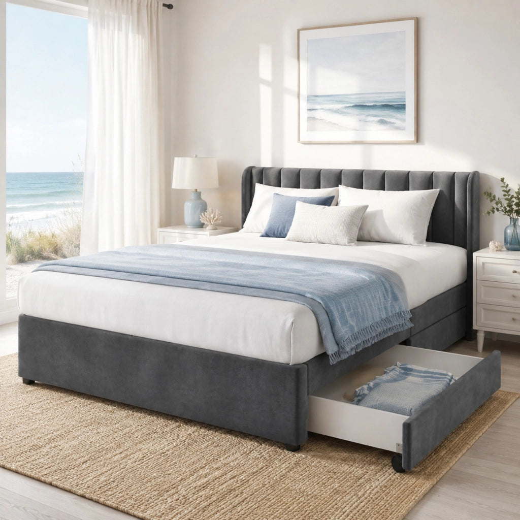 LETTO 180x200 cm in velluto grigio con rete a doghe e 2 cassetti