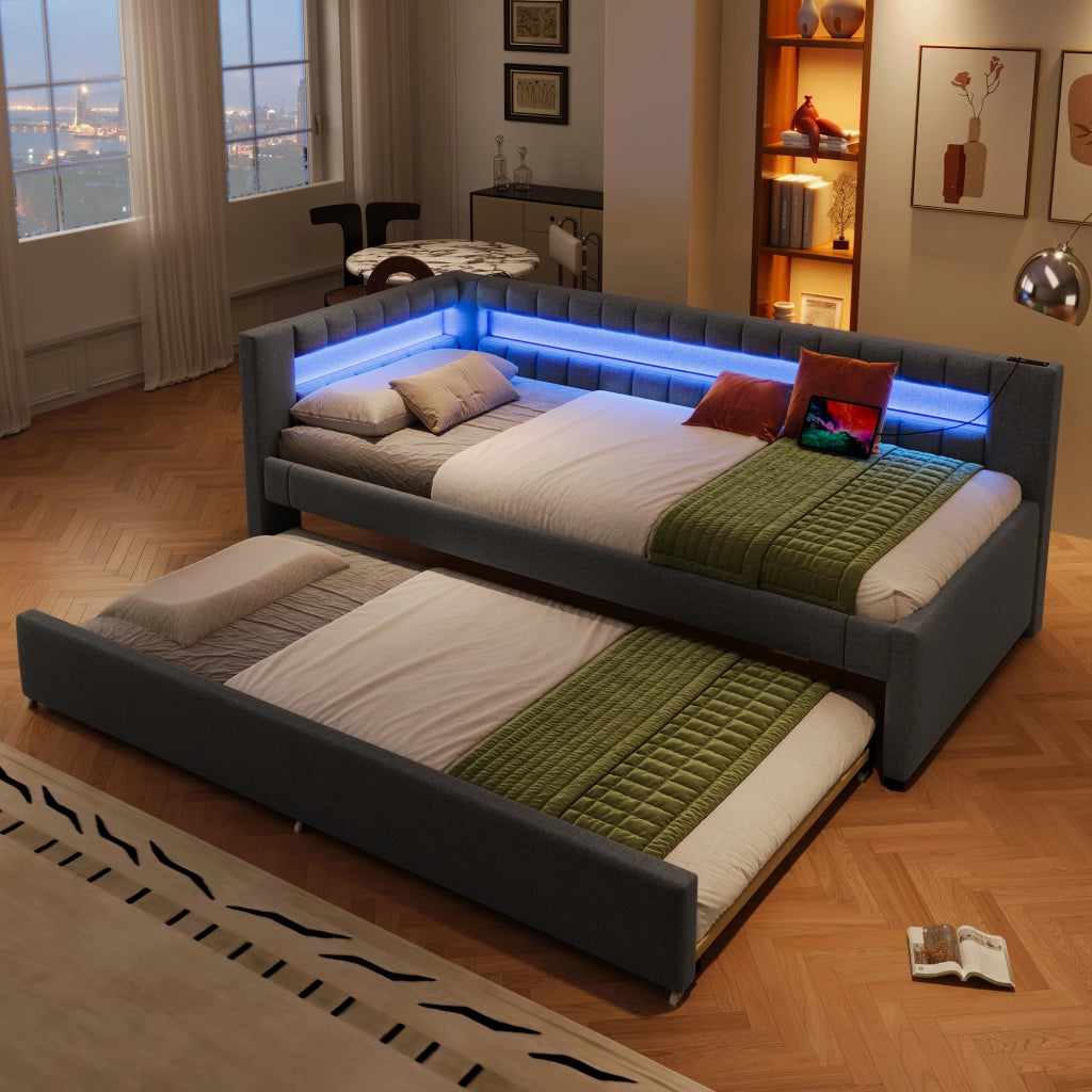 LETTO estraibile 90x200 cm in lino grigio, con LED e USB + Type-C