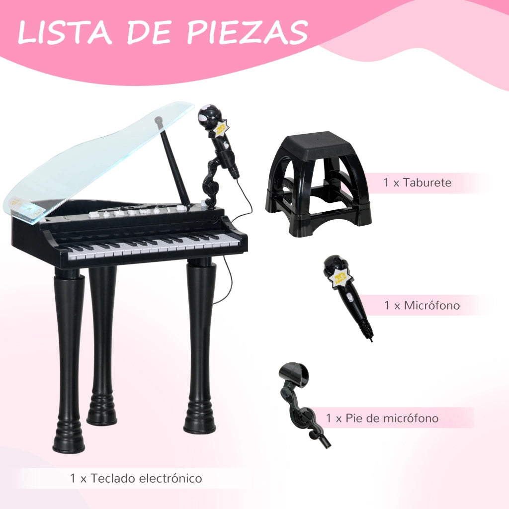 Piano per Bambini 32 Tasti con Microfono e Luci ¨C Minimal ¨C 37x30,5x60,4 cm Nero