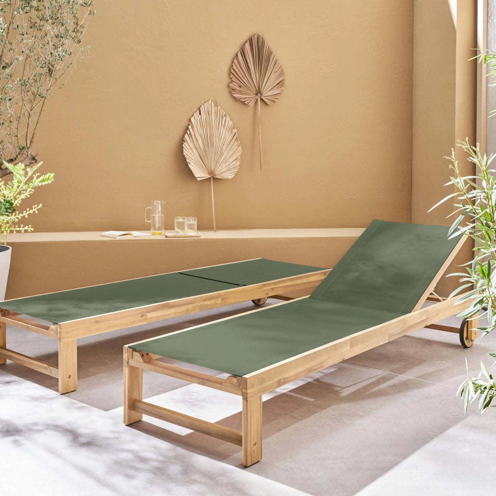 Set 2 lettini prendisole in legno multiposizione con ruote, verde kaki