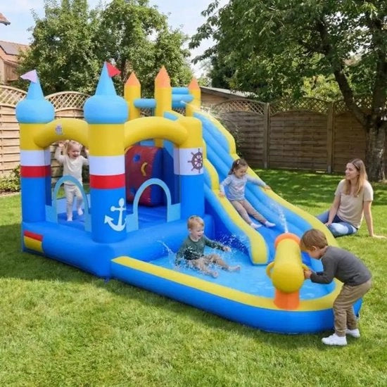Opblaasbarre per bambini con piscina, getto d'acqua, parete da scalare, pallone da spiaggia, anello da basket