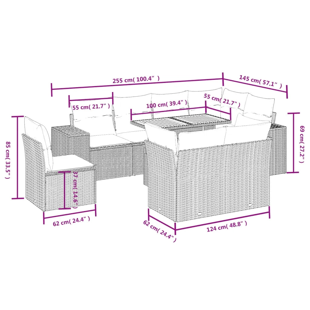 Set Divano da Giardino 9 pz con Cuscini Grigio in Polyrattan
