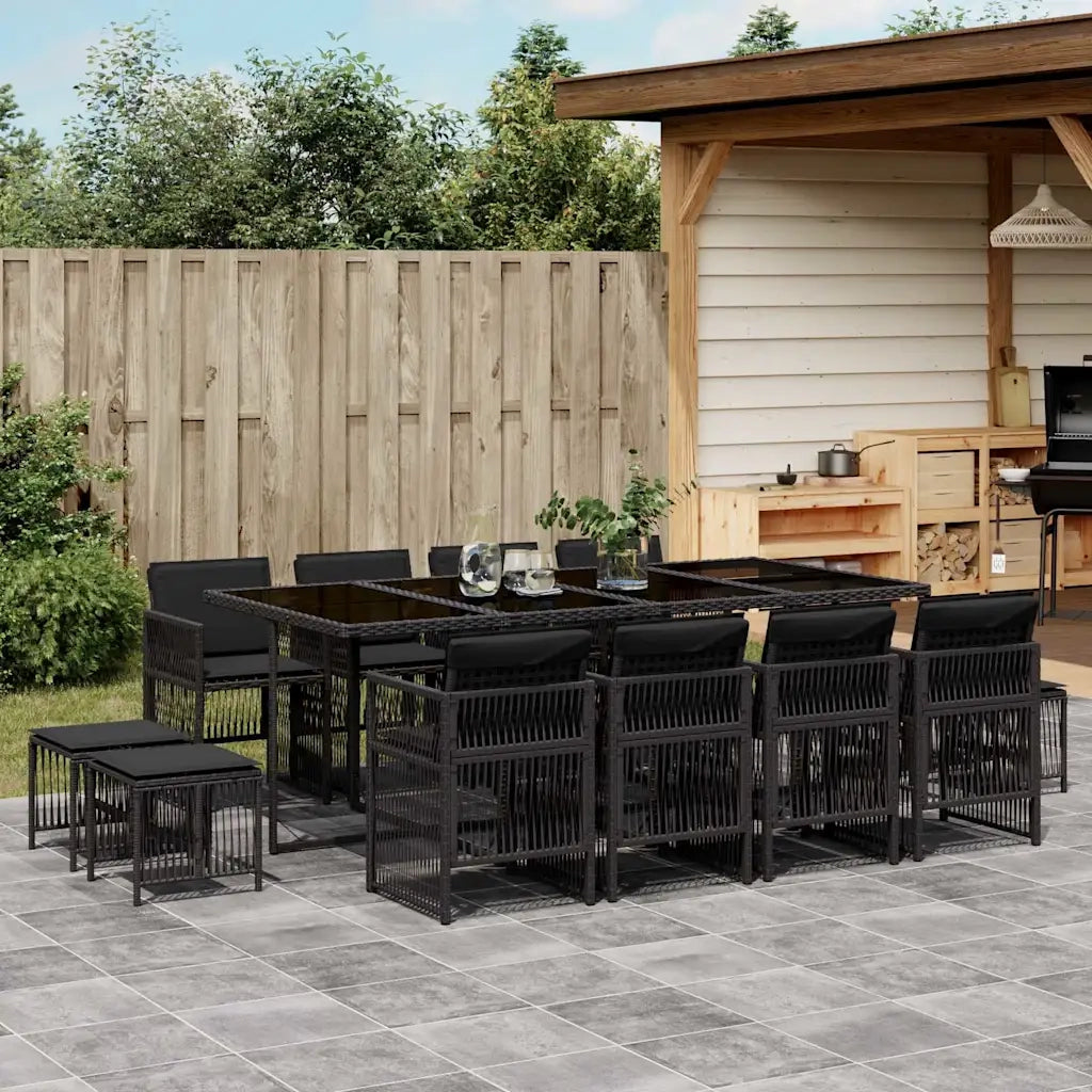 Set da Pranzo da Giardino 13pz con Cuscini Nero in Polyrattan 3210979