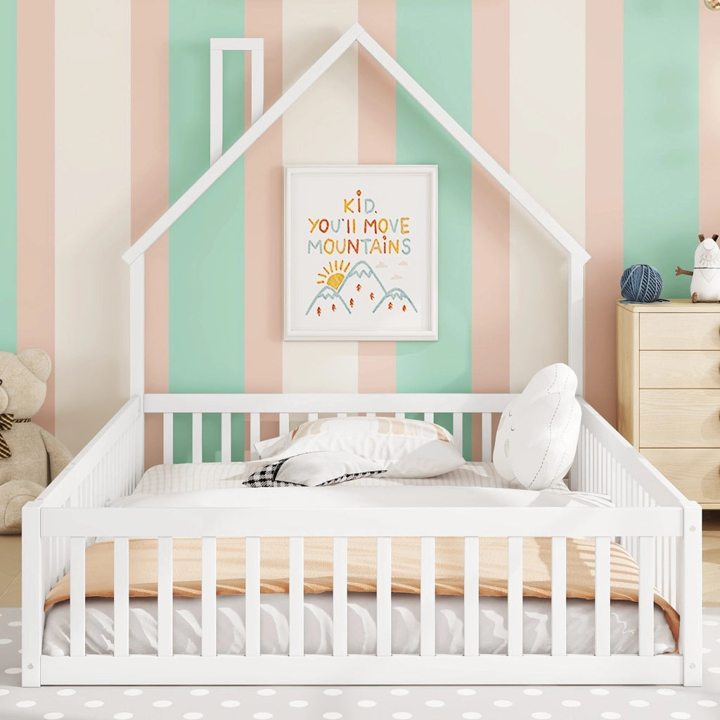 LETTO per bambini 140x200 cm con sponde di sicurezza, pino e MDF bianco