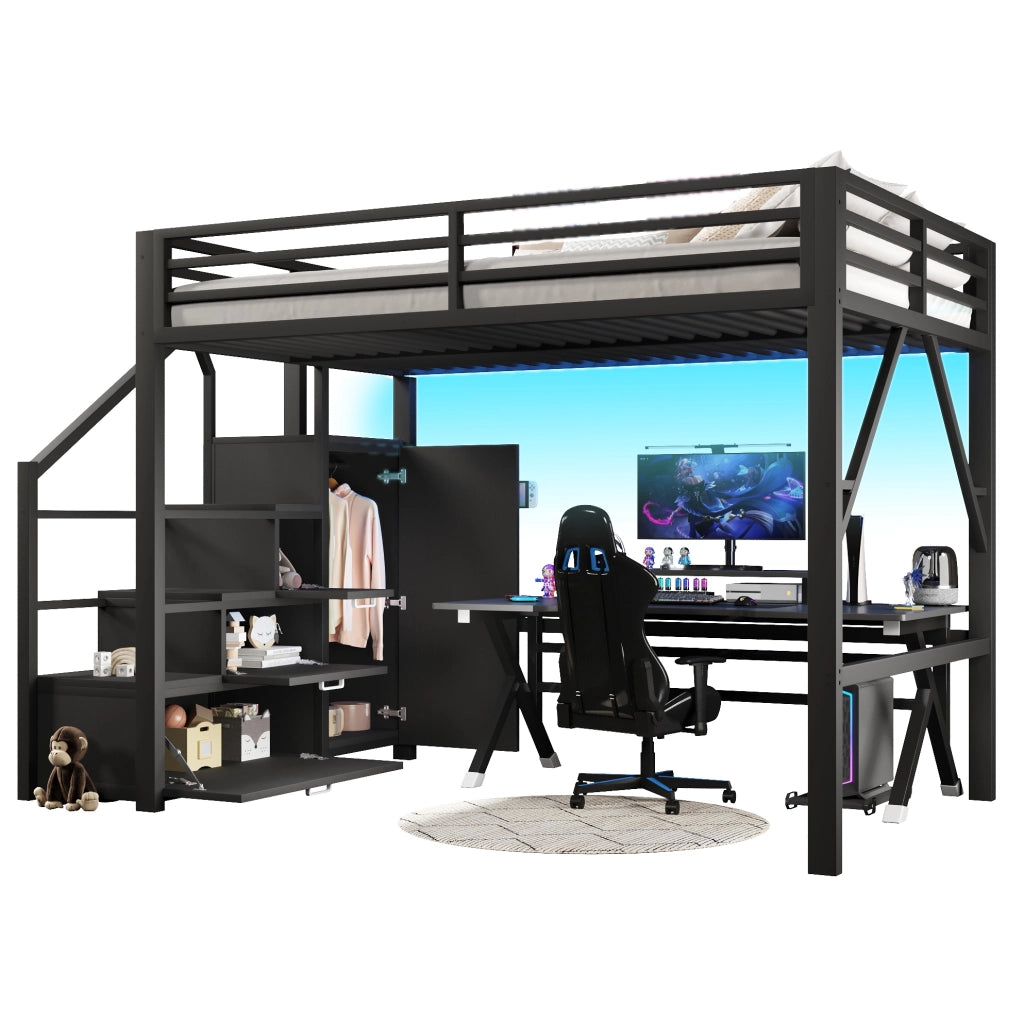 Letto a soppalco in metallo 140x200 cm con armadi e LED; nero