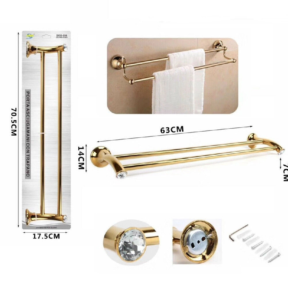 Trade Shop - Porta Asciugamani A 2 Aste Supporto Asta Bagno Da Muro Casa Dorato Oro Dgo-096 -