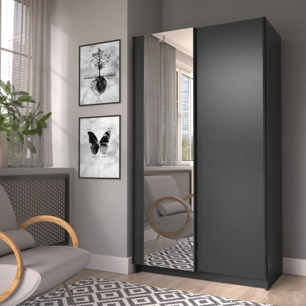 Armadio LYSIA 100 cm nero opaco – 2 porte scorrevoli con specchio