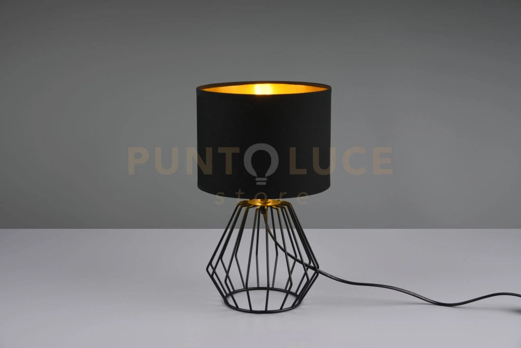 CHUCK LAMPADA DA TAVOLO BASE GABBIA METALLO NERO PARALUME NERO ORO H.34CM 1 LUCE ATTACCO E14