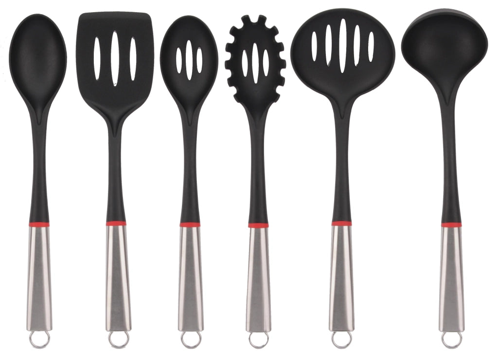Set 6 Pezzi Mestolame Nylon con Manico in Acciaio Inox