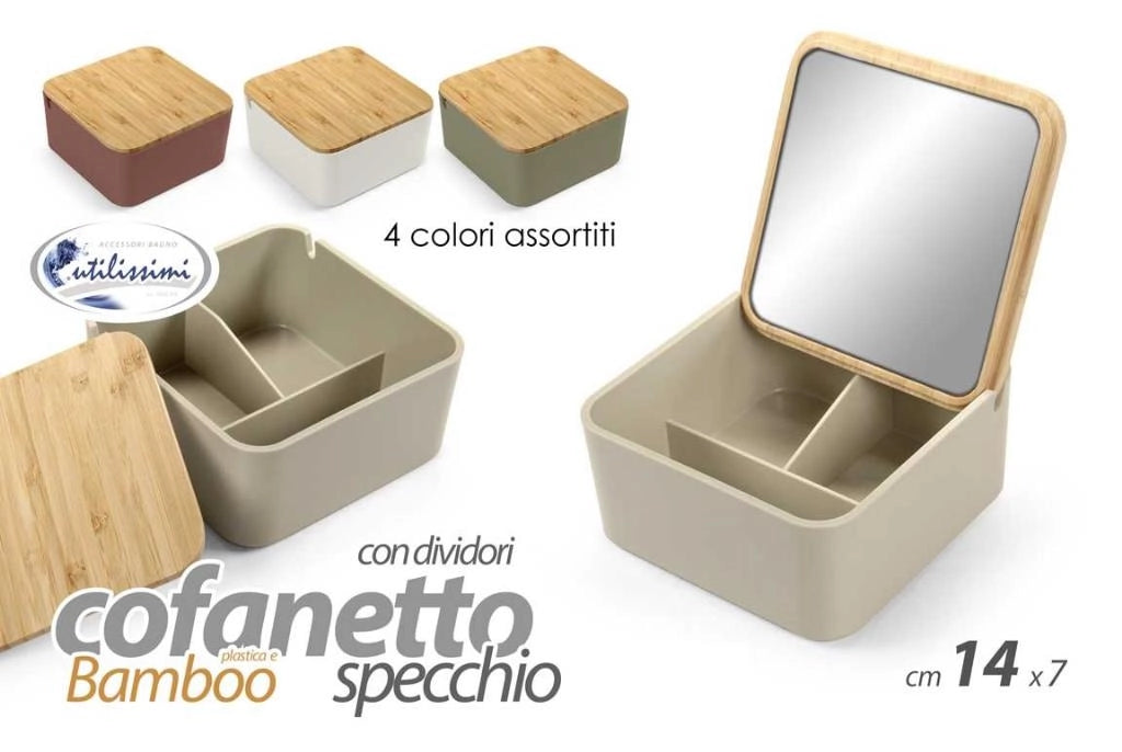 1 Pezzo Contenitore con Specchio in Plastica e Bamboo 14 x 7 cm 4 Colori
