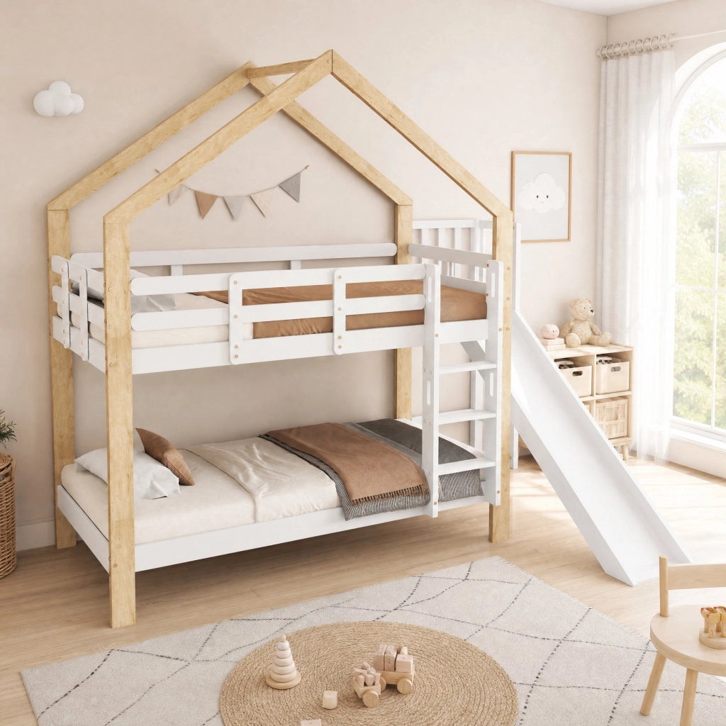 Letto a castello a forma di casa con scivolo e scala sicura