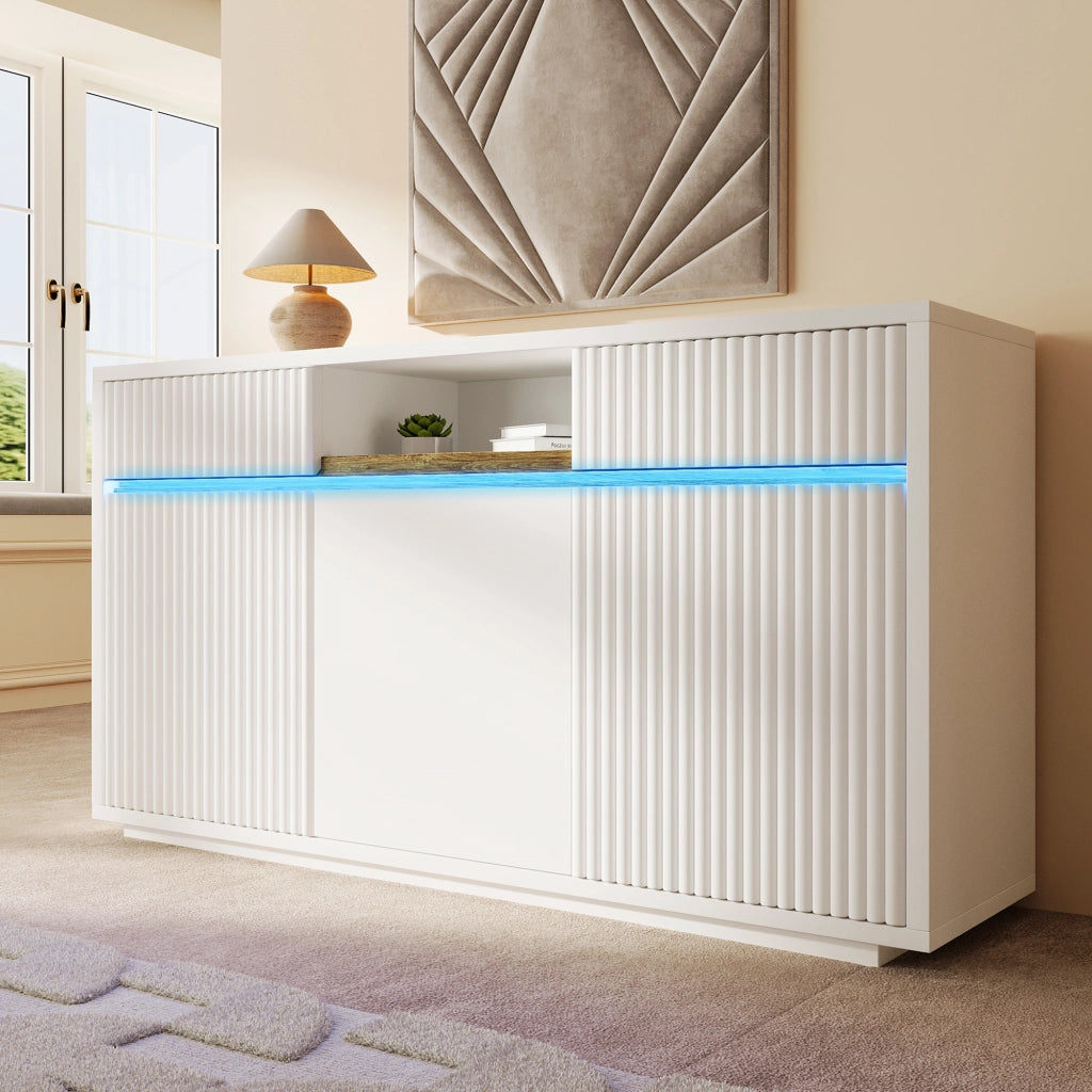 COMÒ bianco 140x40x85 cm con LED, 2 cassetti e 3 ante